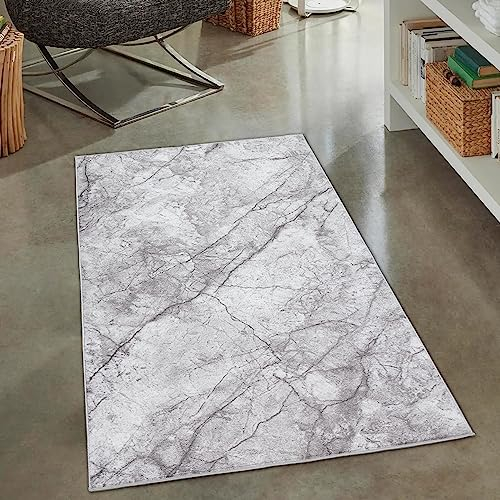 CARPETIA Eleganter Vorleger marmorierter Kurzflor Teppich in stilvollem Grau, 80 x 150 cm