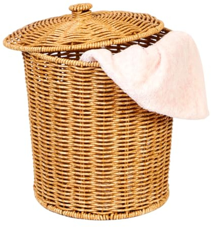 PRETYZOOM Cesta de basura de ratán con tapa portátil de mimbre, cubo de basura redondo de plástico tejido cesta de almacenamiento de ropa contenedor para sala de estar dormitorio