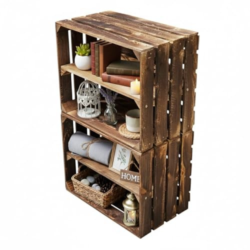 Teramico Cajas de Madera para Frutas, Cajas de Vino flameadas, oscuras, 50 x 40 x 30 cm, en un fantástico Set como estantería o para Almacenamiento (2 x Suelo Largo)