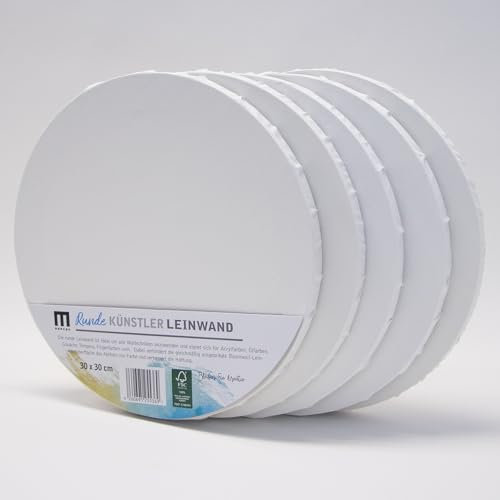 5er-Set Leinwand Canvas zum Bemalen in Rund-Form, 30cm Durchmesser. Leere, weiße Leinwand aus 100% Baumwolle ist umlaufend aufgespannt auf 17mm FSC® MDF-Rahmen, 280g/m², 2-fach weiß grundiert