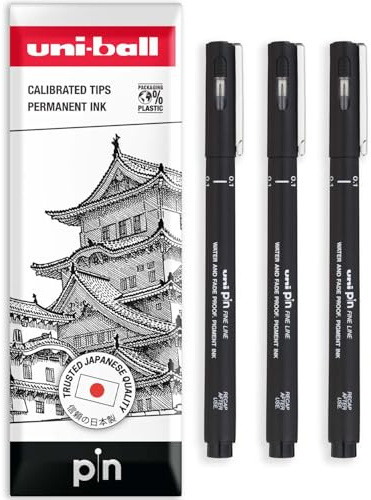 uni-ball PIN Fineliners | Black Fine Tipped Writing Pens | Water & Fade Resistant Ink | Ideal for Sketching, Scrapbooking, Outlining, Art, Technical Drawing | In Envelope (Pack of 3, 0.1mm)