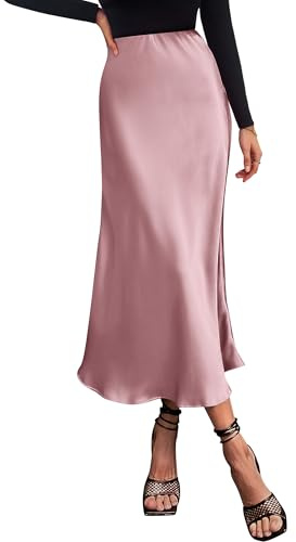 BTFBM 2026 Summer Womens Skirts Silk Elegant High Waist Flowy Long Satin A-Line Midi Skirt Cocktail Wedding Party(Pink, Small)