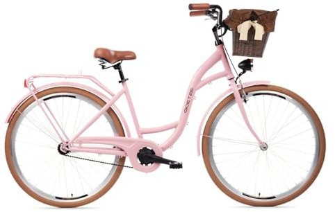 Goetze Style 28 Zoll Damen Citybike, 18 Zoll Tiefeinsteiger Stahlrahmen, 1-Gang Rücktrittbremse, V-Bremse vorne, LED-Beleuchtung, Rattankorb, Komfortsattel, mit Seitenständer & Klingel