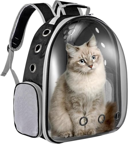LN COZY CORNER Transparent Bubble Cat Backpack –Space Capsule Pet Carrier Backpack with Hard‑Shell Dome, Breathable Mesh & Padded Straps – Hands‑Free Travel Cat Bag Carrier (Black)