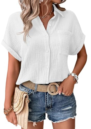 BOYSSPAA Women's Short Sleeve Blouse Button Down Dress Shirts Rolling Sleeve White Blouses Summer Casual Tops for Work Office Business (UK, Alpha, S, Regular, Regular, White)