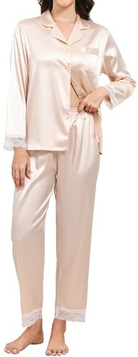 TeJoyce Women's Pyjama Sets Silk Satin Long Sleeve Pjs for Women, Button Down Ladies Pyjamas 2 Piece Lace Sleepwear Loungewear Nightwear for Spring Summer Champagne
