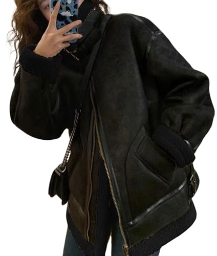Veste de moto en faux daim surdimensionnée pour femme veste en cuir doublée de polaire sherpa aviateur manteau de fourrure en peau de mouton retournée pardessus