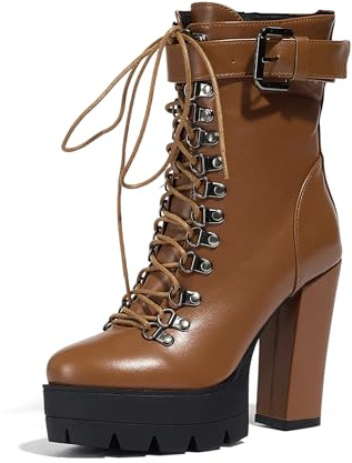 Bviennic Donna Stivaletti Tacco Alto a Blocco con Plateau Moda Punta Rotonda Zip Festa Polacchine 2307 Marrone Numero 38 EU/39Cn