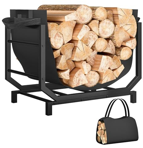 Outsunny Range-bûches porte buche avec sac de transport, support à bois de chauffage avec poignées, charge 20 kg, pour intérieure, en métal robuste, 53 x 33 x 43 cm, noir