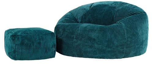 icon Kingston Cord XL Bean Bag & Footstool with Filling Included, Teal | Made in the UK, Adult Beanbag, Comfy Chair, Soft Corduroy Fabric, Floor Chair For Lounge and Bedroom