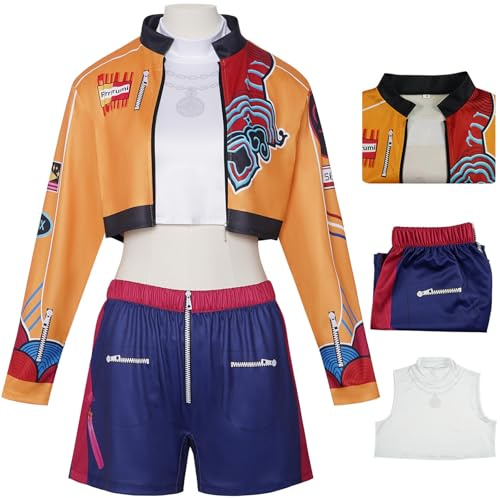 Kolegrial Niñas Rumi Disfraz Fiesta Cosplay Anime Demonio Cazador Rumi Estampado Uniforme Set Chaqueta y Top Pantalones para Fancy Dress Up Carnaval Halloween Party Mascarada Traje