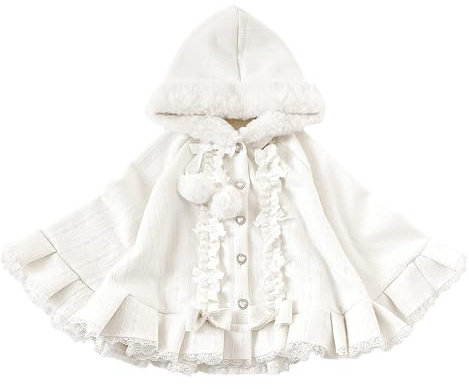 Cuteighteen Kawaii Lolita Mantello con Cappuccio Adolescenti Mantello Foderato In Pile Giacca Cappotto Invernale Con Cappuccio Pizzo Trim Poncho Maglione, bianco, taglia unica