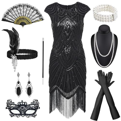 NEUFOOD Vestido Años 20 Mujer,Disfraz Charleston Mujer,Estido Con Flecos De Los Años 20 Adecuado para carnavales, Navidad, Halloween u otras fiestas y bailes.