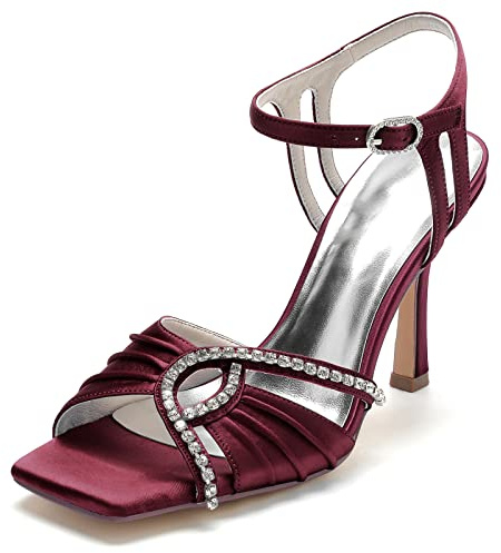 Gycdwjh 9.5cm Été Chaussures De Mariée Blanches Peep Toe Strass en Plis Satin Haut Talons Pompes Bout Carré Lacets Slingback Sandales,Burgundy,43 EU