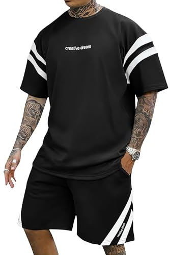 Remxi Mens Track Suit 2 Piece Outfits Summer Short Sets for Men Striped T Shirts and Pants Set Casual Sweatsuit