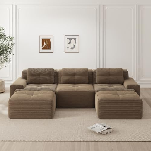 Wyibwy Sofá modular sin estructura visible, sofá moderno de 3 plazas para salón con asiento profundo, sofá esquinero en forma de L con 2 pufs, sin montaje, tejido de pana