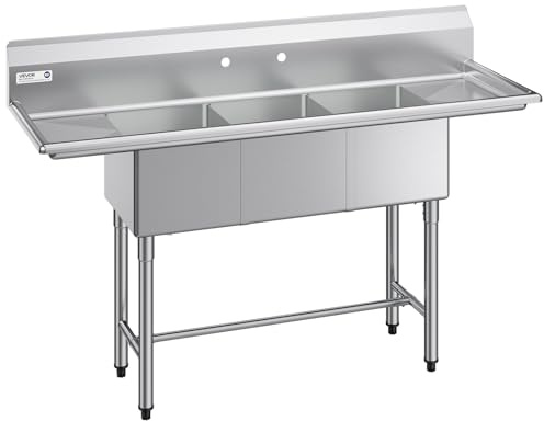 VEVOR Lavello a 3 Scomparti Rettangolare in Acciaio Inox 304 Lavello Autoportante a 3 Vasche Multiuso con 2 Scolapiatti e Paraschizzi Dimensioni Vasca 356 x 400 x 279 mm, per Ristorante Garage Cucina