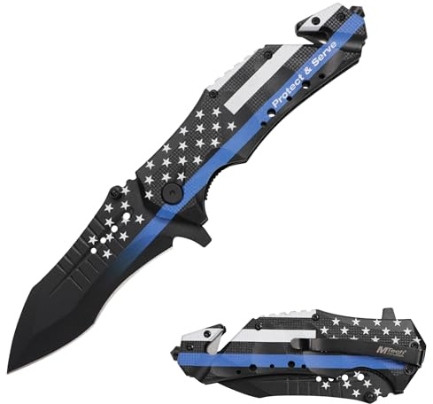 MTECH USA Folding Pocket Knife, Blue Line American Flag, Law enforcement Police, 8.5 Inch Overall