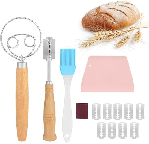 OSDUE Set di 4 Taglierino per Pane, Lama Pane con 10 Lametta Sostituibili & Custodia Protettiva Pelle, Manico in Legno Frusta Danese a Mano, Pennello per Impasti Baguette Pasta Impasto Pane Fai Te