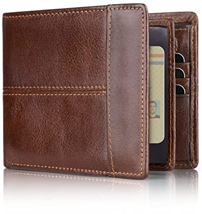 Swallowmall Wallet for Men RFID Blocking Genuine Leather Mens Wallets Bifold with 1 ID Window 15 Card Slots coffee brown
