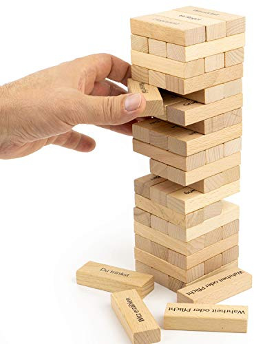Your Day Mate Torre de juego de beber, con 54 bloques de madera impresos, versión alemana, tamaño grande, con 18 x 3 actividades, juego de precalentamiento, juego de fiesta, juego para beber
