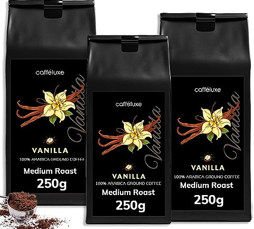 Caffeluxe Vanilla Flavoured Ground Coffee - 100% Arabica Beans - Naturally Flavoured - for Filter, Mocha Pot, Coffee Machine - 3X 250g Per Bag