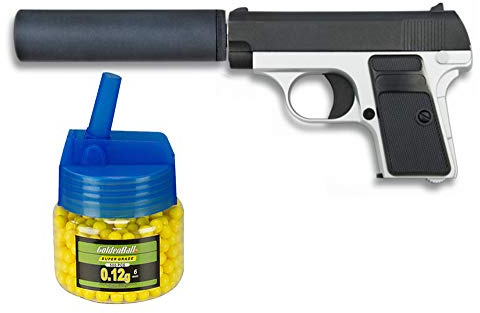 Tiendas LGP, Albainox 35721 Arma Airsoft, Pistola Aire Suave, con silenciador, Potencia 0,8 Julios + Biberón 500 Bolas 12 Gramos de 6 mm. de Regalo