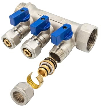 Belrad Heizkreisverteiler, 3 Abgänge, Kugelhahn blau, 1 AG - 1 IG, 1/2 16 mm Eurokonus x3, Abgangsmittenabstand 35 mm, vernickeltes Messing, Einzelabsperrung, Maße 130x85x50 mm