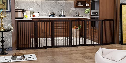PUPETPO Freestanding Pet Gate for Dogs, Indoor Wooden Foldable Dog Gate for House, Extra Wide, Pet Fence for Stairs, Doorways, Halls, Support Feet Included, 120 Inch Wide, 6 Panels 32,Brown