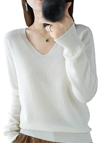 Pull pour femme en tricot cachemire avec col en V - Décontracté - Doux et fin - Pour l'automne et l'hiver, blanc, S