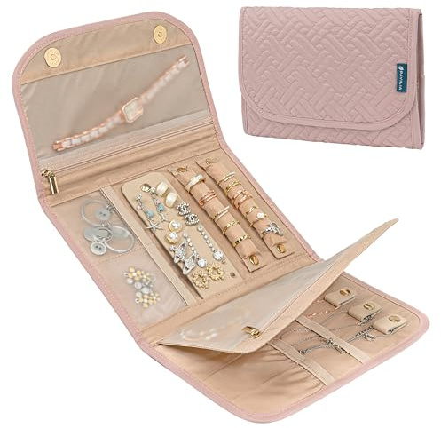 PAVILIA Travel Jewelry Case Organizer, Foldable Jewelry Travel Roll Bag, Small Jewelry Travel Pouch Wallet for Earrings, Rings, Necklaces, Bracelets, Travel Packing Accessories (Quilt Pink)