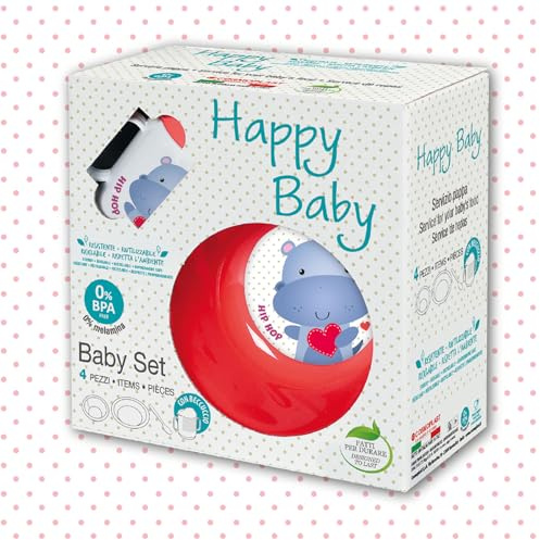 COSMOPLAST 4-teiliges Geschirrset - Hippopotamin Hip Hop - Farbe Korallenrosa. 0% BPA. 100% Made in Italy