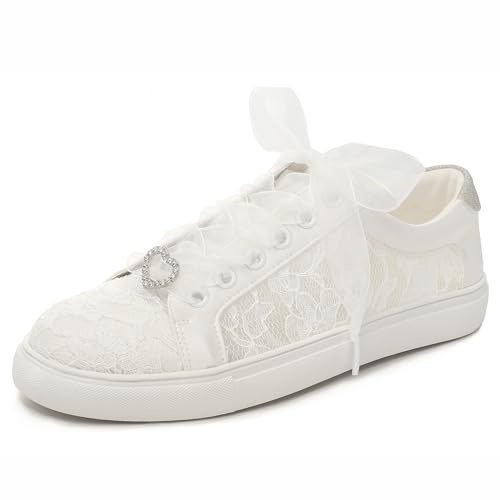 Elivandon 16053 Zapatos de Boda y Tenis Nupciales, Zapatos Deportivos de Encaje Floral Color Marfil, Tamaño 37 EU