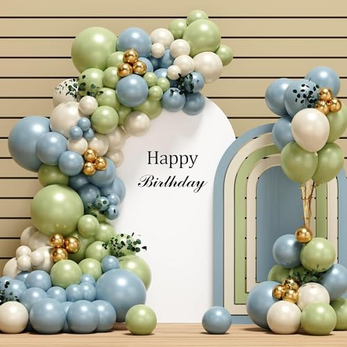 Kit per arco di palloncini verde polvere, verde salvia, verde, blu, bianco, sabbia, oro, set da 116 pezzi, palloncini per feste di compleanno di bambini e bambine, matrimoni, decorazioni per baby