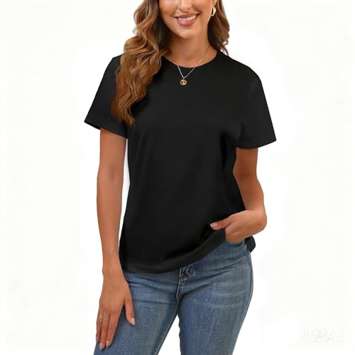 100% Cotton Black Basic T Shirts for Women, Crew Neck Short Sleeve Shirts, Loose Fit Plain Workout Tshirts, Tops, Undershirts