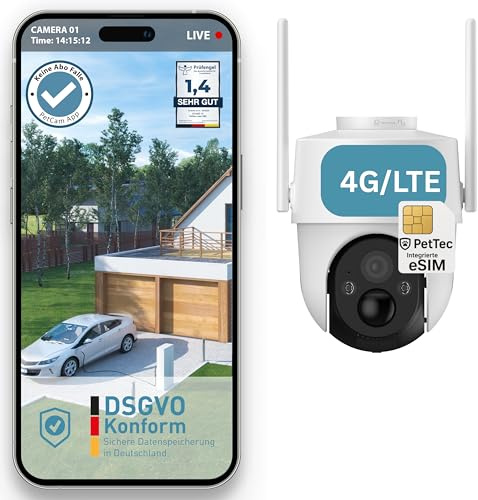 PetTec PetCam Free'n 360 4G LTE Überwachungskamera [OHNE ABO-Falle] für außen mit Akku & Pan&Tilt Funktion - Outdoorkamera 3MP Ultravision, Bewegungserkennung, 20m Nachtsicht IP65 Flutlicht Sirene