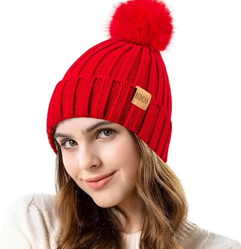 REDESS Womens Winter Knitted Beanie Hat Warm Fleece Lined with Pompom Cap Thick Slouchy Snow Knit Skull Ski Cap ，Rouge ，Taille Unique