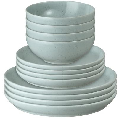 Denby - Teal Speckle 12 Piece Tableware Set - Dishwasher & Microwave Safe Crockery - Soft Textured Glaze - Ceramic Stoneware - Chip & Crack Resistant - Dinner Plates, Medium Plates & Cereal Bowls