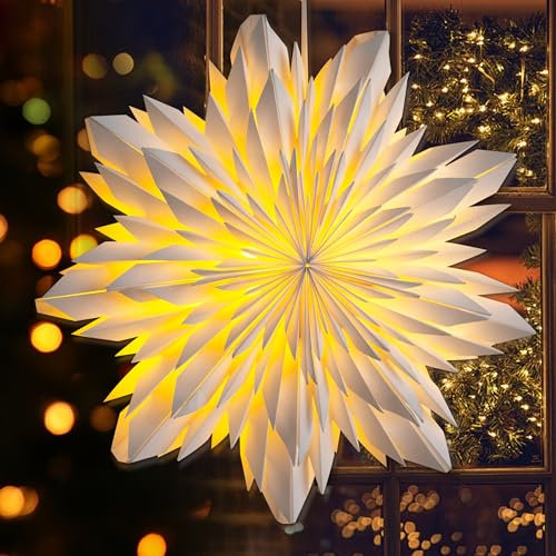 EANLOLY Weihnachtsstern Beleuchtet LED Stern, Weihnachtsdeko Innen Fenster, Papiersterne Zum Aufhängen mit Beleuchtung, Weihnachten Leuchtstern Lichterkette, Weiß-45 cm