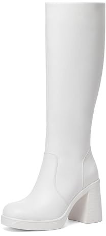 Glamnest Platform Knee High Boots for Women Chunky Heel square Toe Leather Long Boots Side Zipper Tall Boots White Boots 11