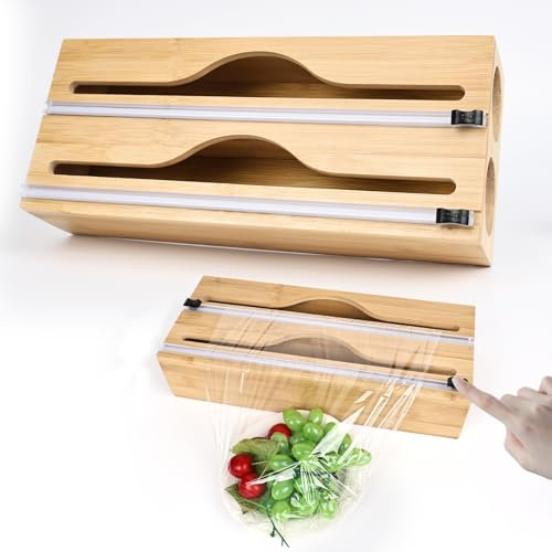 YHNDECO Cling Film Dispenser with Cutter, Bamboo Foil Wrap Dispenser, Tin Foil Dispenser, Roll Organizer Holder Kitchen Cabinet Compatible with 12 Roll(2 in 1)