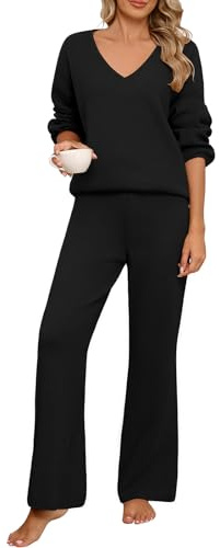 CMTOP Tuta Donna Elegante Completo 2 Pezzi Pigiama Invernale Autunno Casa Scollo a V Tailleur in Maglia Maniche Lunghe Pullover Top Elastico Vita Pantaloni a Gamba Larga Set Sportive (Nero, M)