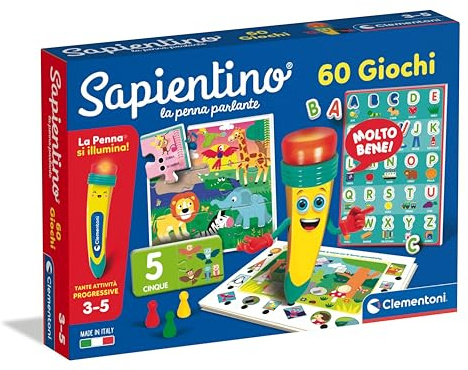 Clementoni Sapientino - La Penna Parlante 60 Giochi, Gioco Educativo con Puzzle e Schede Illustrate per Imparare Alfabeto, Numeri e Logica, Made in Italy, Lingua Italiana, Bambini 3-5 Anni, 16494