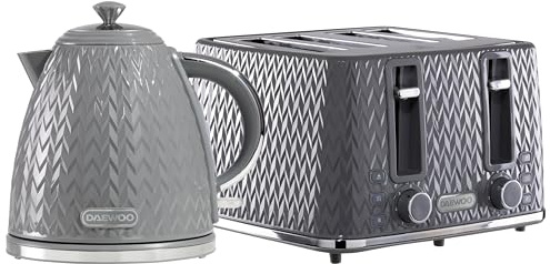 Daewoo Argyle Jug Kettle & 4 Slice Toaster Set, 1.7L 3KW Rapid Boil Stylish Textured Design, Removable Filter, Reheat & Defrost Functions, Perfect for Modern Kitchens, Grey