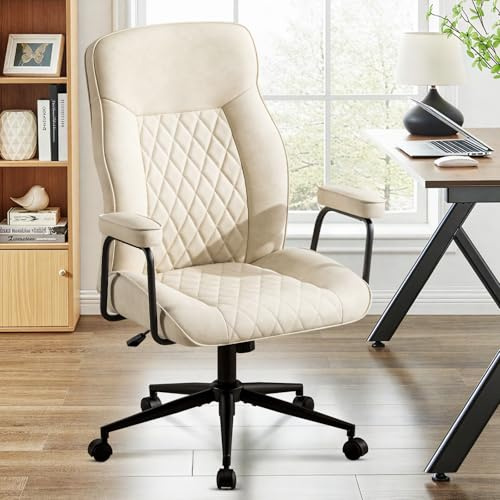 Ckaff Sedia Ufficio Ergonomica, Poltrona Direzionale in Pelle PU, Sedia da Ufficio con Seduta Ampia, Sedia Scrivania Reclinabile Girevoli Altezza Regolabile 136kg, Beige