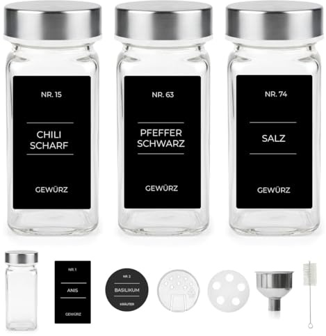 24 tarros de especias con tapa de acero inoxidable, incluye 240 etiquetas, 30 insertos para esparcir, 1 cepillo de limpieza, 1 embudo de acero inoxidable