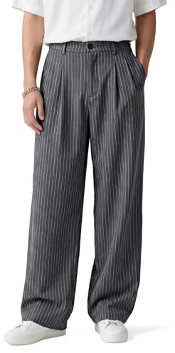 Heyfanee Pantalon de costume pour homme - Baggy Business - Moderne - Pantalon chino pour homme - Pantalon long et large en tissu - Pantalon de loisirs, Rayures grises., 34W / 30L