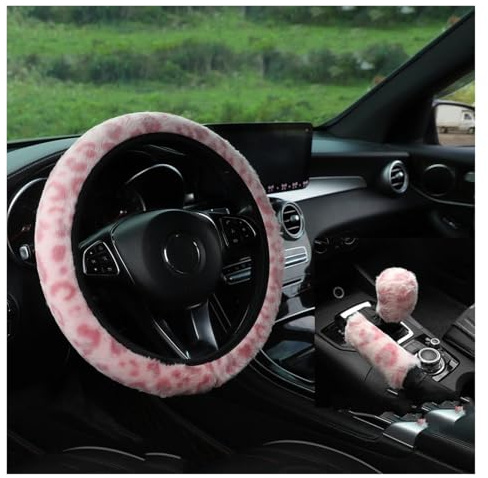 rattskydd 3 Set Vinterplyschtryckt Leopardmönster Rattskydd Utan Ram Handbromsskydd, Växelspaksskydd Biltillbehör(Pink)