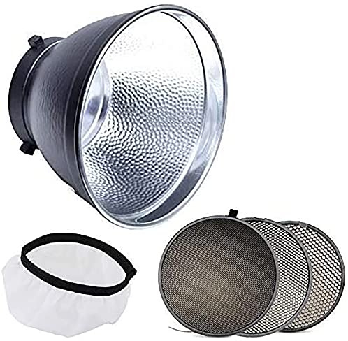 Fotoconic 7 Standard Reflector with 20, 40, 60 Degree Honeycomb Grid & Diffuser Sock for Bowens Mount Studio Strobe Flash Light