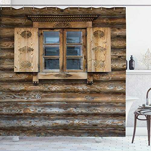 ABAKUHAUS Rustikal Duschvorhang, Holzhaus Shutter, Stoffliches Gewebe Badezimmerdekorationsset mit Haken, 175 x 200 cm, Beige und Braun